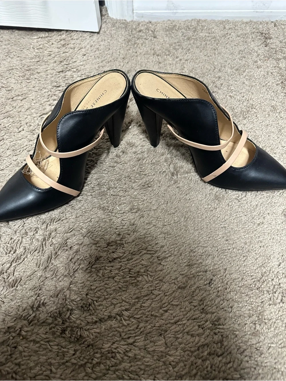 Chinese Laundry Black Pointed Mule Heels with Nude Straps